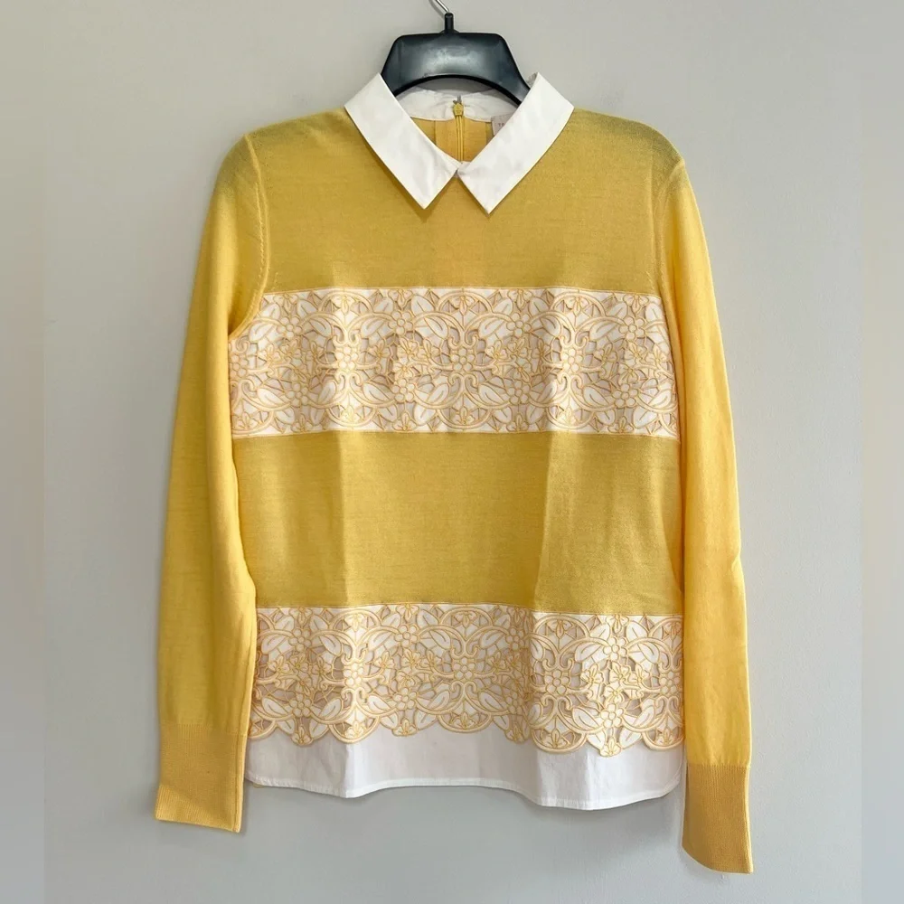 Tory Burch Edwina Embroidered Panel Merino Collared Sweater, Sun Yellow, S/P